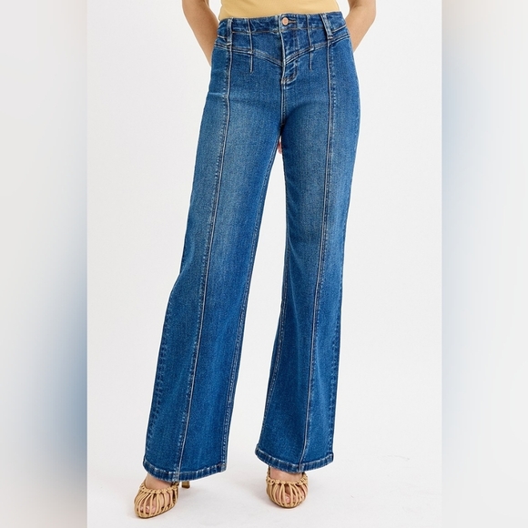 Risen High Rise Dark Wash Front Yoke Seam Detail Wide Leg Jeans Various NEW - Picture 2 of 5